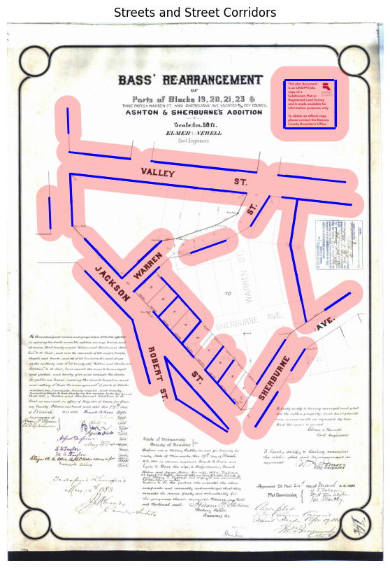 Street buffer corridors overlaid on a historical plat map