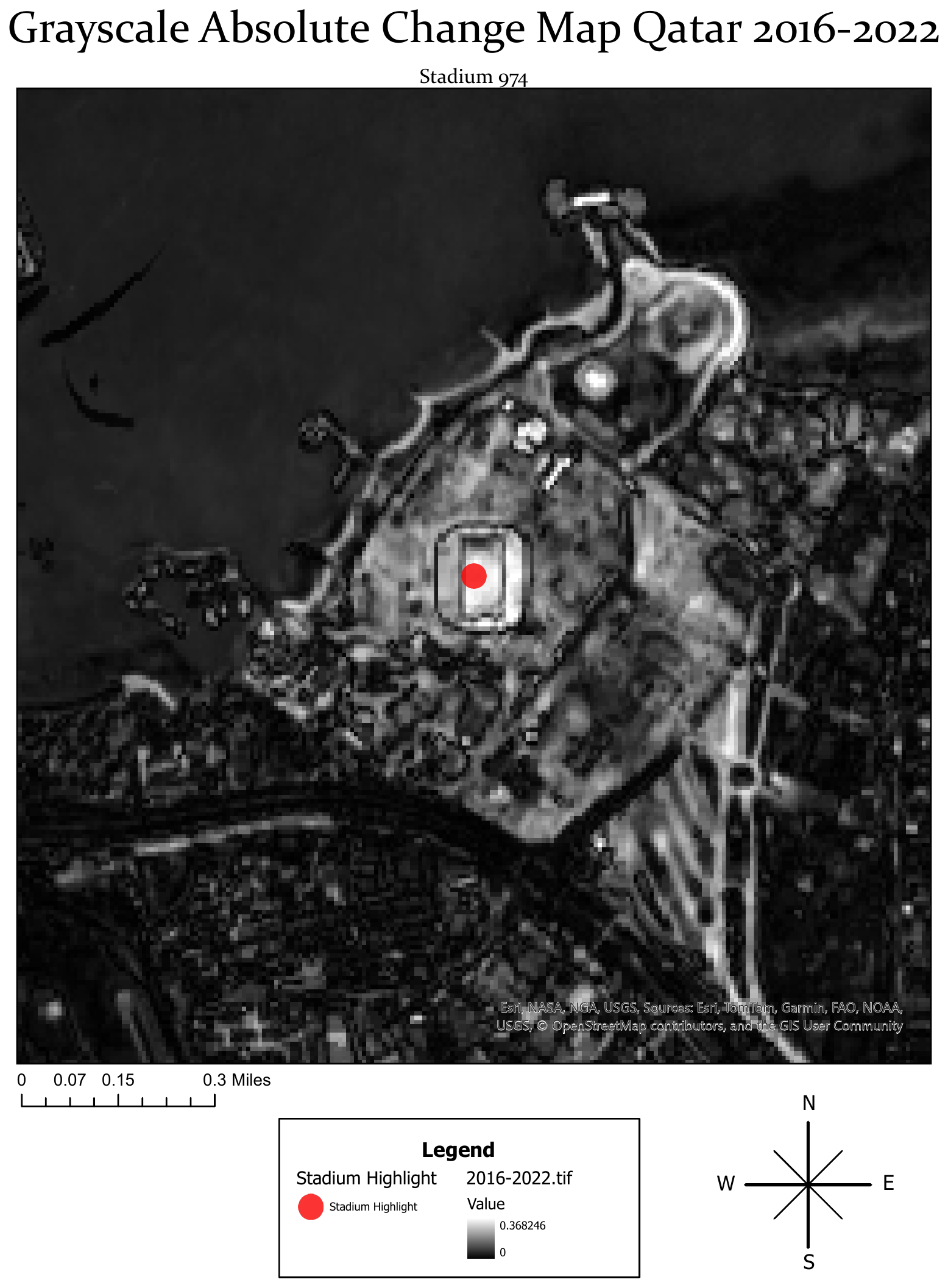 Grayscale satellite change map of Stadium 974, Qatar