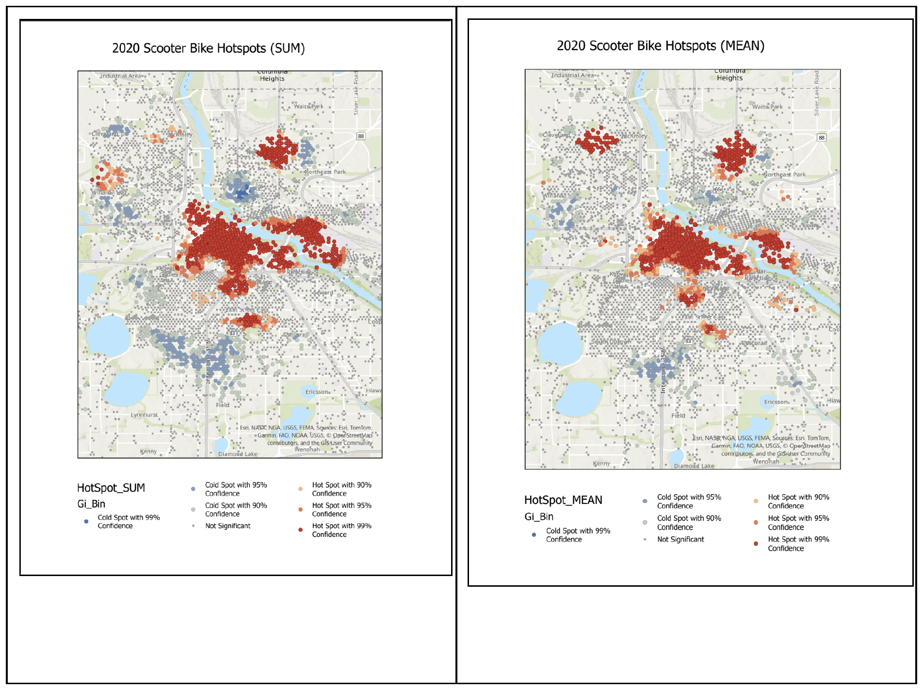 Hot spot maps for sum and mean scooter/bike availability, 2020