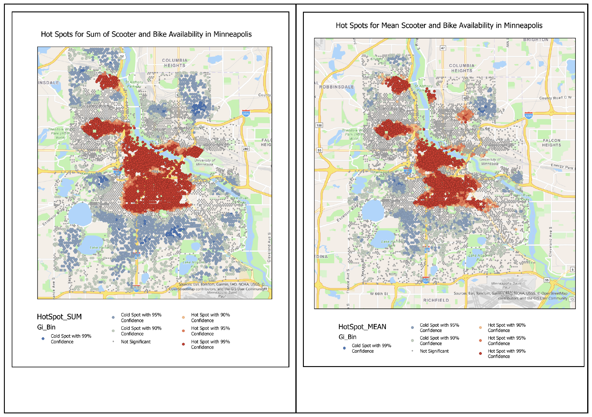 Hot spot maps for sum and mean scooter/bike availability in Minneapolis, 2024