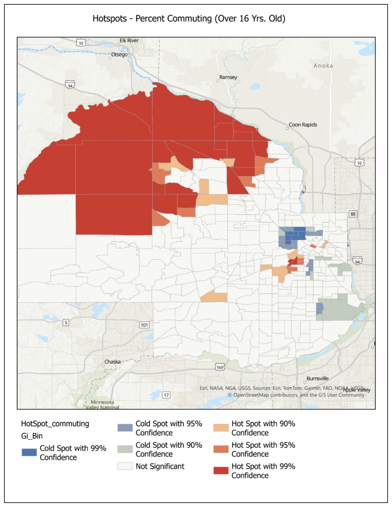 Hot spot map for overall percent commuting, Hennepin County and surrounding area