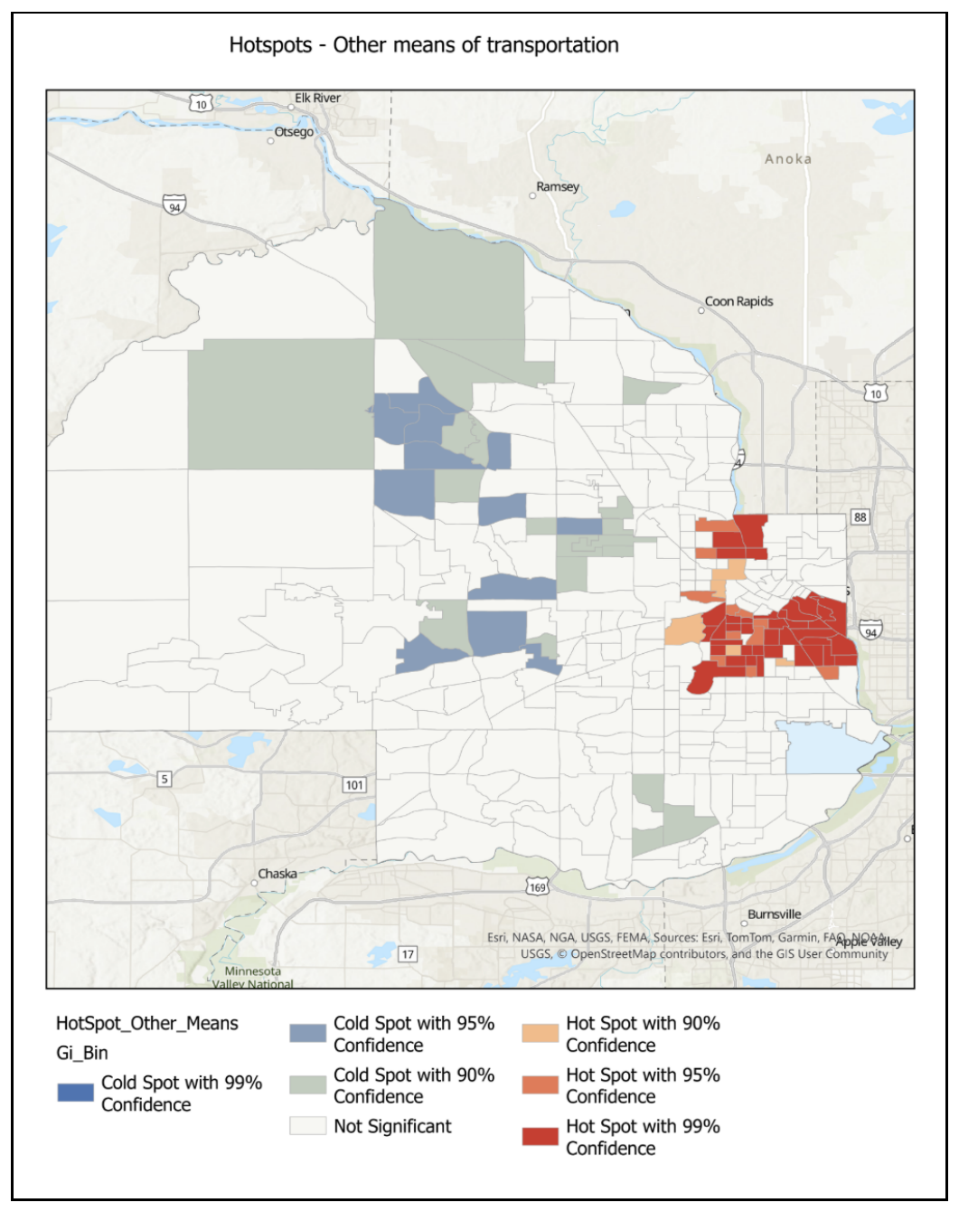 Hot spot map for percent commuting by other means, Hennepin County